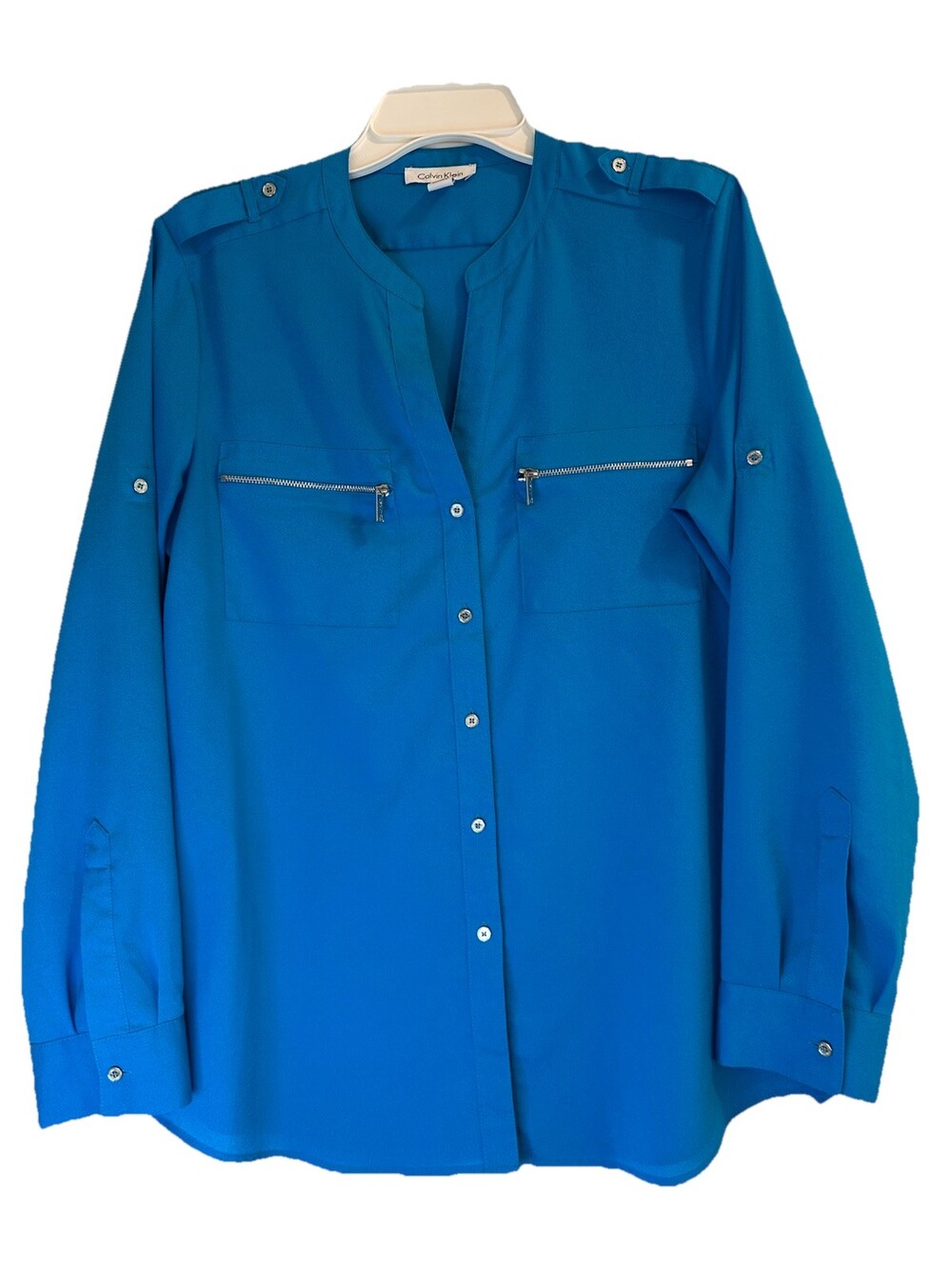 Calvin Klein Women's SZ L Button up blouse Zipper front pockets turquoise blue,